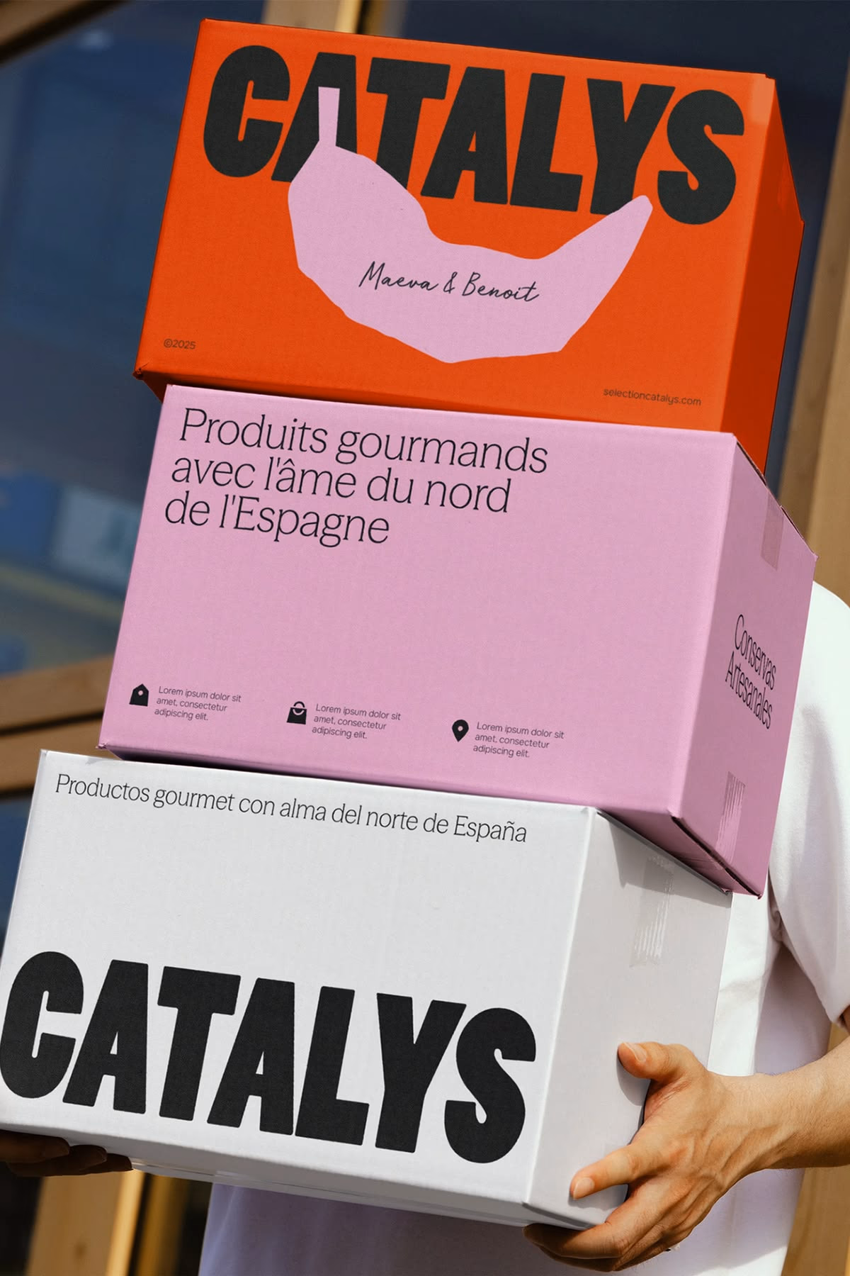 Person carrying colorful Catalys gourmet product boxes