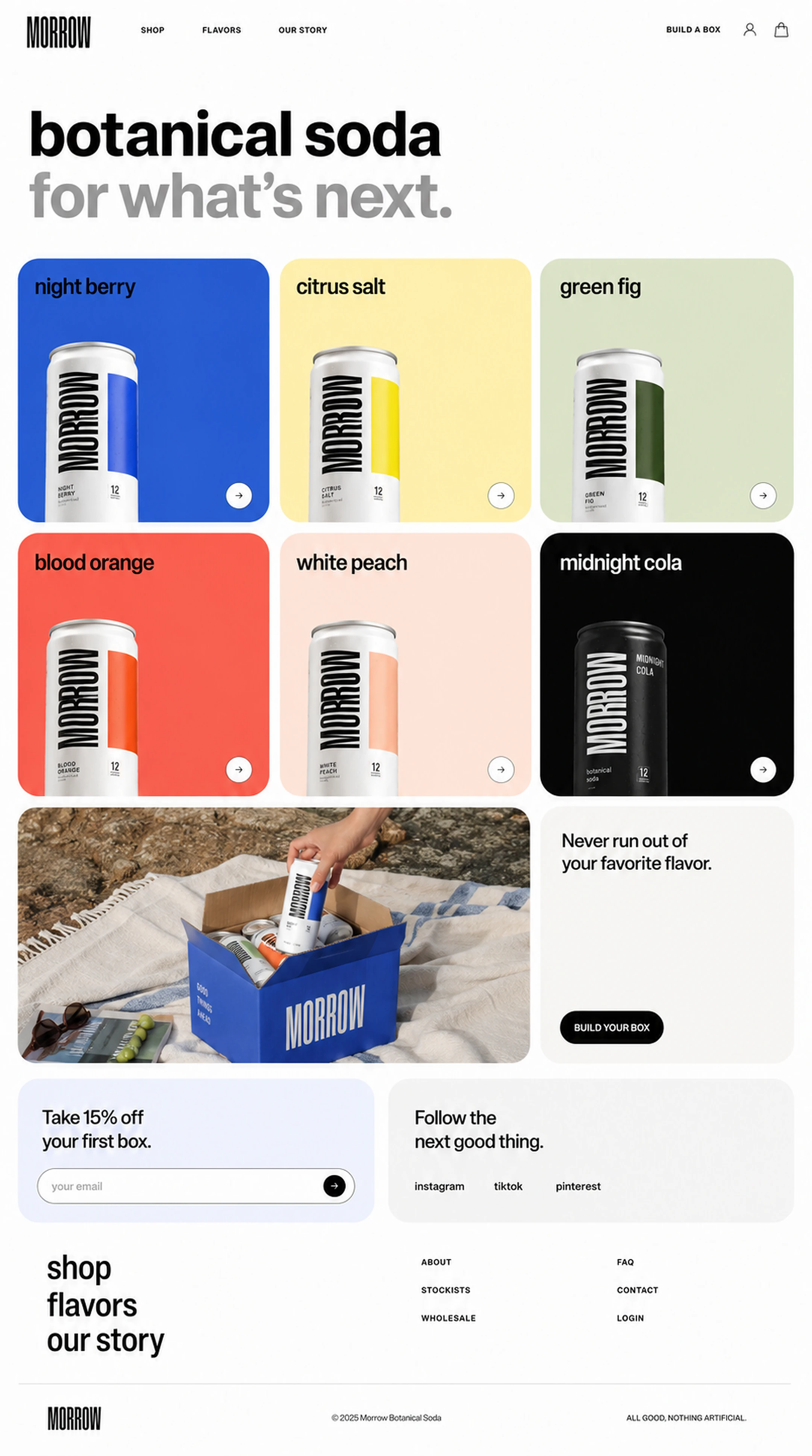 Morrow botanical soda storefront with colorful product grid and modular content