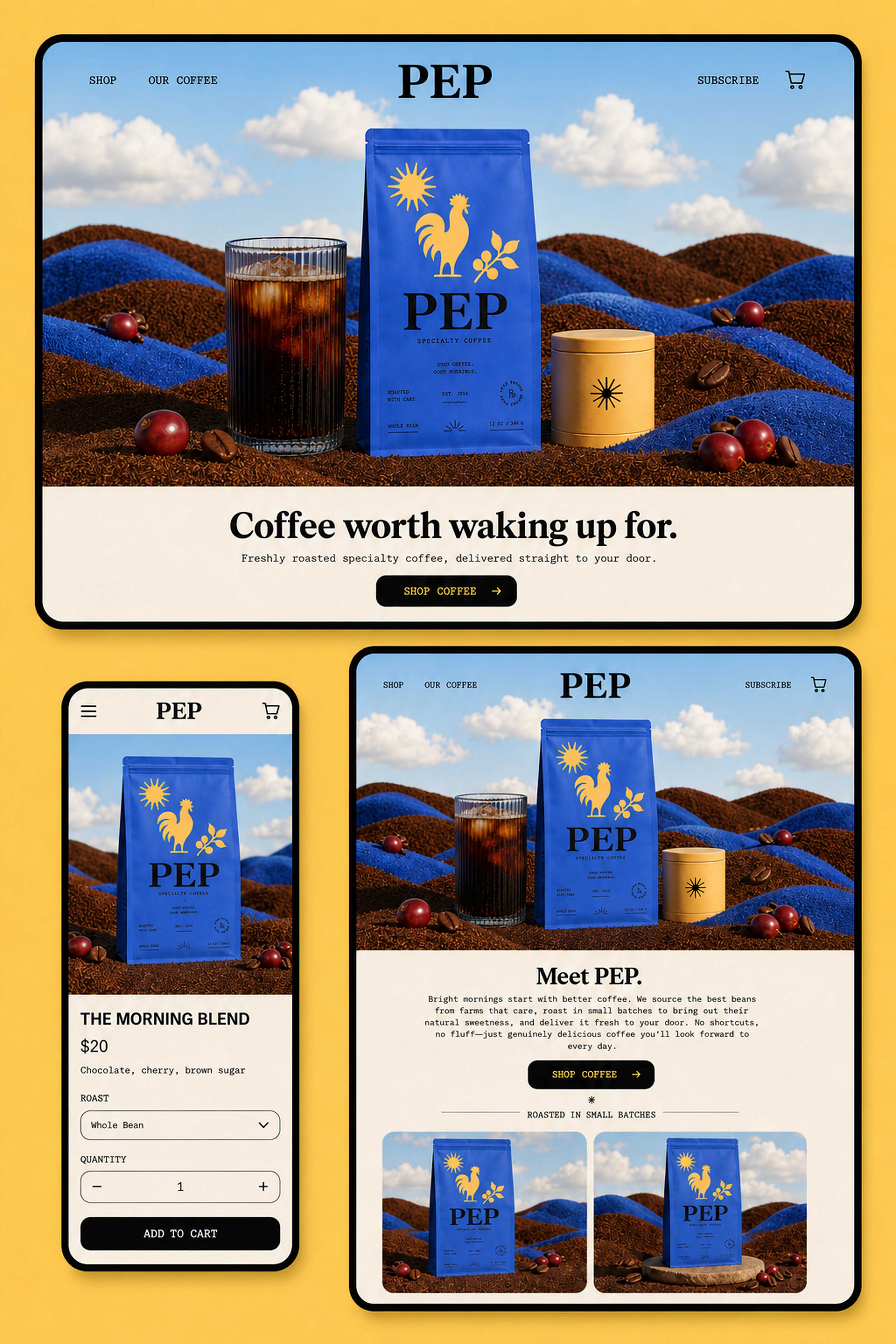 PEP specialty coffee website concepts shown across desktop, tablet, and mobile